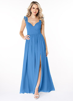 Azazie Stassie Robes de demoiselle d'honneur Robe Trapèze en Mousseline de soie Décolleté froncé Geai Bleu image3