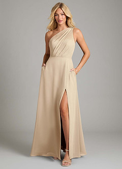 Azazie Phaedra Bridesmaid Dresses Champagne A-Line One Shoulder Chiffon Dress image3