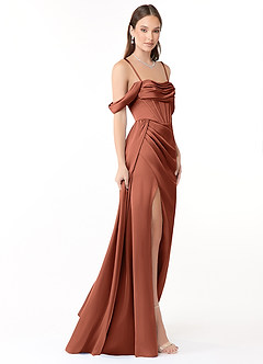 Azazie Amyra Bridesmaid Dresses Clay Sheath Off the Shoulder Stretch Satin Convertible Dress image6