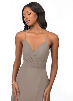 Azazie Everleigh At-home Try On Dresses Taupe A-Line Sweetheart Pleated Chiffon Dress image7