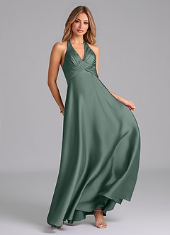 Azazie Tessie Vestidos de damas de honor Vestido de Musgo Marino de Satén Elástico de Corte en A con Plisado image3
