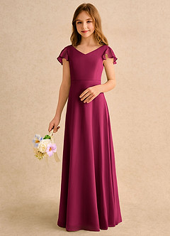 Azazie Nari Girls Formal Robe Demoiselle D'honneur Fillette Robe Trapèze en Mousseline de soie avec manches Bourgogne image4