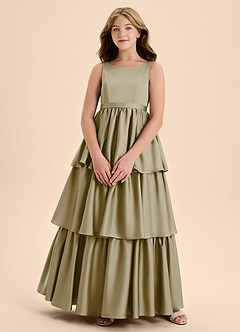 Azazie Meadowyn Junior Vestido de Musgo Verde de Satén Elástico de Corte En A con Lazo image1