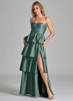 Azazie Faye Bridesmaid Dresses Eucalyptus A-Line Ruched Stretch Satin Dress image8
