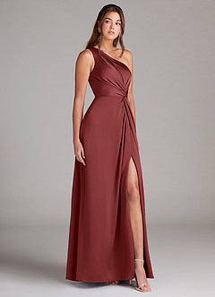 Azazie Brooke Robes de demoiselle d'honneur Robe Trapèze en Satin extensible Asymétrique Terracotta image5