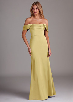 Azazie Saige Bridesmaid Dresses Lemon Sorbet Sheath Off the Shoulder Stretch Satin Dress image4