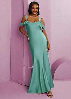 Barbie ♥ Azazie Bridesmaid Dresses Aqua Sheath Pleated Stretch Satin Dress image8
