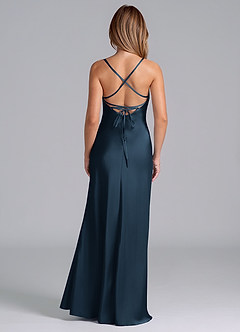 Azazie Seema Vestidos de damas de honor Vestido Azul Marino Oscuro de Satén Elástico de Corte Sirena con Corsé image7