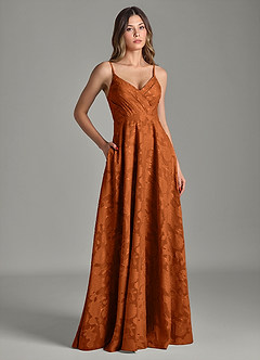 Azazie Amani Abiti da Damigella Abito A-Line in Burnout Floreale Plissettato Arancia Bruciata image3