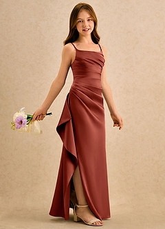 Azazie Cannoli Girls Formal Flower Girl Dresses Terracotta A-Line Pleated Stretch Satin Dress image1
