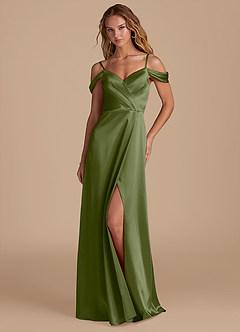 Azazie Ocean Brautjungfernkleider A-Linie Schulterfrei Metallischer Satin Kleid Olivgrün image3