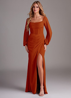Azazie Charissa Bridesmaid Dresses Paprika Sheath Long Sleeve Chiffon Dress image1