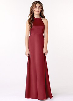 Azazie Laurel Junior Pomegranate A-Line Matte Satin Dress image1
