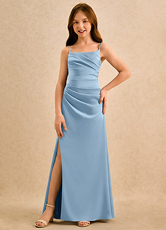 Azazie Cannoli Girls Formal Flower Girl Dresses Powder Blue A-Line Pleated Stretch Satin Dress image3