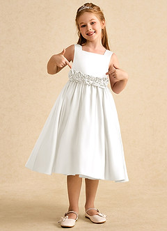 Azazie Peaches Flower Girl Dresses Ivory A-Line Bow Matte Satin Dress image4