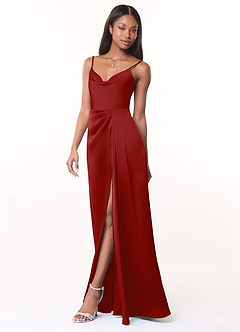 Azazie Brielle Robes de demoiselle d'honneur Robe Trapèze en Satin extensible Bretelles spaghetti Grenade image3