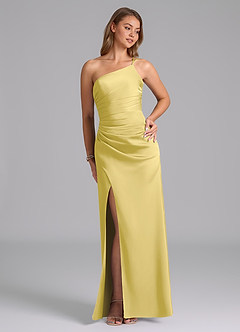 Azazie Eren Bridesmaid Dresses Canary Mermaid One Shoulder Stretch Satin Dress image4