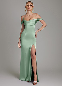 Azazie Nira Kleider zum Anprobieren zu Hause Meerjungfrau-Linie Korsett Stretch-Satin Kleid Agave image4