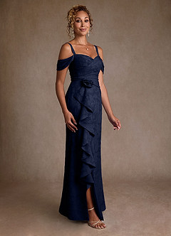 Azazie Irene Mother of the Bride Dresses Dark Navy A-Line Off the Shoulder Floral Burnout Dress image5