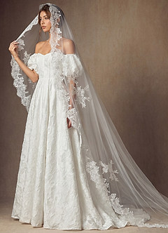 front Scalloped Edge Cathedral Veil with Floral Embroidery