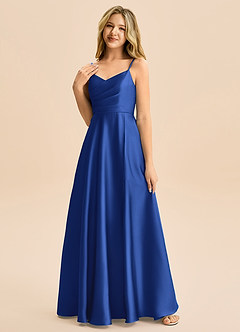 Azazie Rumi Junior A-Line Plisseret Stræk satin Gulv-længde Junior brudepige Kjole image3