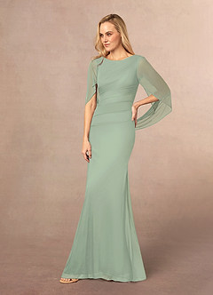Azazie Belladonna Abiti per la Madre della Sposa Abito Sirena in Maglia con Scollo a U a Pieghe Verde Salvia image3