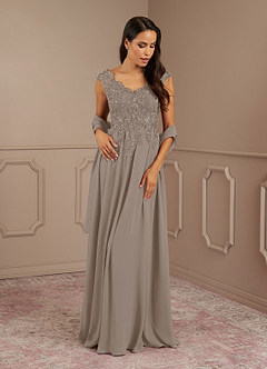 Azazie Amethyst Mother of the Bride Dresses Taupe A-Line V-Neck Sequins Chiffon Dress image1