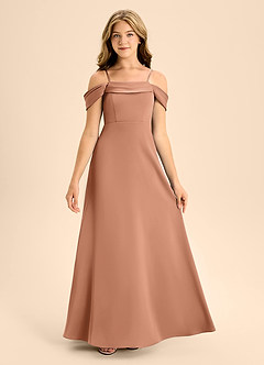 Azazie Anselie Junior Bronzer A-Line Off the Shoulder Stretch Satin Dress image7