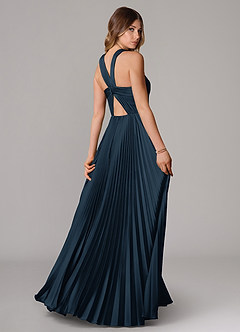 Azazie Afra Vestidos de damas de honor Vestido Azul Marino Oscuro de Satén Elástico de Línea A con Plisado image2