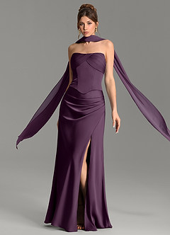 Azazie Nicki Bridesmaid Dresses Plum Sheath Corset Stretch Satin Dress image3