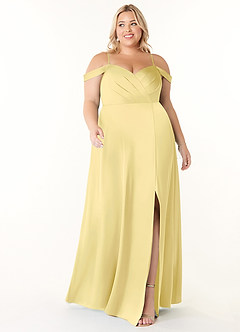 Azazie Ocean Bridesmaid Dresses Lemon Sorbet A-Line V-Neck Pleated Stretch Satin Dress image6