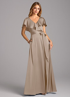 Azazie Lainey Bridesmaid Dresses Taupe A-Line with Pockets Stretch Satin Dress image1