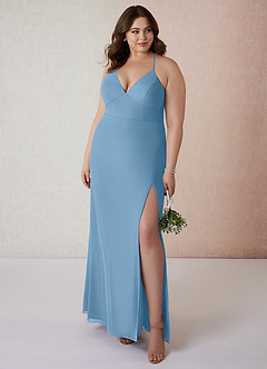 Azazie Becca Bridesmaid Dresses Steel Blue Sheath V-Neck Chiffon Dress image7
