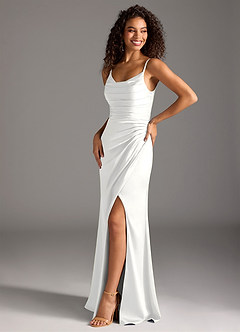 Azazie Deandra Vestidos de damas de honor Vestido Blanco de Satén Elástico de Corte Sirena con Plisado image6