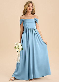 Azazie Hattie Junior Steel Blue A-Line Pleated Stretch Satin Dress image3