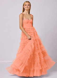 Barbie ♥ Azazie Robes de demoiselle d'honneur Robe Trapèze en Tulle Encolure en Forme de Cœur Coucher De Soleil image3