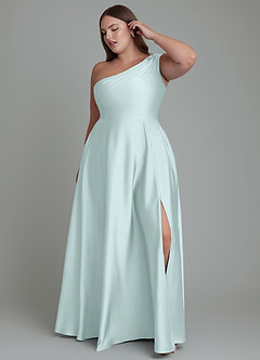 Azazie Melanie Bridesmaid Dresses Sea Glass A-Line Off the Shoulder Stretch Satin Dress image9