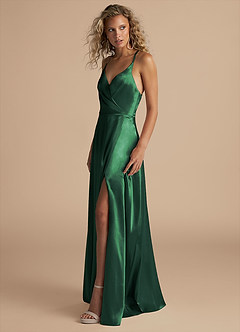 Azazie Davis Vestidos de damas de honor Vestido de Verde Oscuro de Satén Metálico de Corte en A con Plisado image6