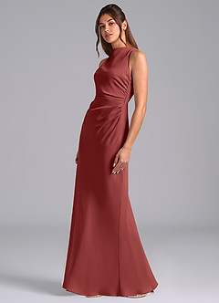 Azazie Evadne Robes de demoiselle d'honneur Robe Fourreau en Mousseline de soie Plissé Terracotta image5