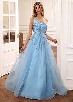 Felicite Sky Blue Floral A-line Tulle Sequin One Shoulder Glitter Prom Dress image1