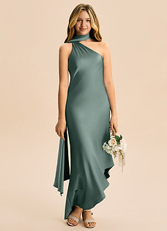 Azazie Briony Junior Vestido Musgo Marinho de Cetim elástico de Bainha com Plissado image5