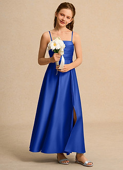 Azazie Pebbles Junior Formal Flower Girl Dresses Royal Blue A-Line Pleated Matte Satin Dress image7