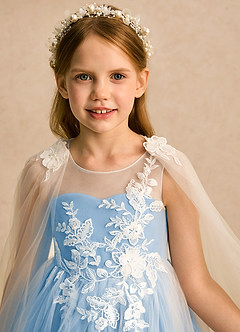 Azazie Amina Flower Girl Dresses Ivory Powder Blue A-Line Lace Tulle Dress image8