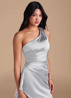 Azazie Latrice Bridesmaid Dresses Silver Sheath One Shoulder Metallic Satin Dress image3
