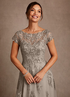 Azazie Jolanda Mother of the Bride Dresses Taupe A-Line Lace Dress image5