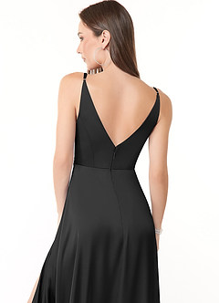 Azazie Dalilah Brautjungfernkleider A-Linie V-Hals Gefaltet Stretch-Satin Kleid Schwarz image5