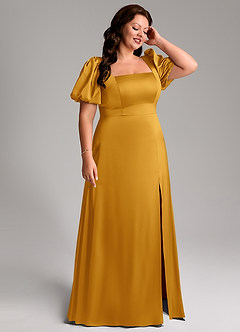 Azazie Fyona Robes de demoiselle d'honneur Robe Trapèze en Satin extensible Plissée Caramel écossais image13