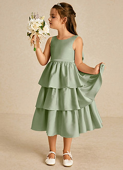 Azazie Margery Flower Girl Dresses Dusty Sage A-Line Bow Stretch Satin Dress image4