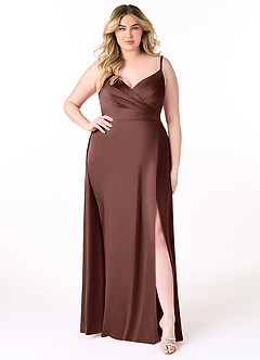 Azazie Dalilah Brautjungfernkleider A-Linie V-Hals Gefaltet Stretch-Satin Kleid Espresso image6