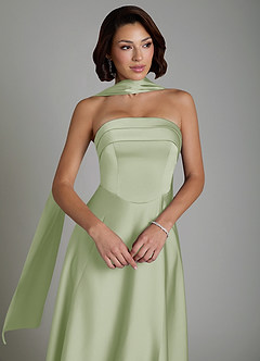 Azazie Odele At-home Try On Dresses Dusty Sage A-Line Strapless Stretch Satin Dress image6